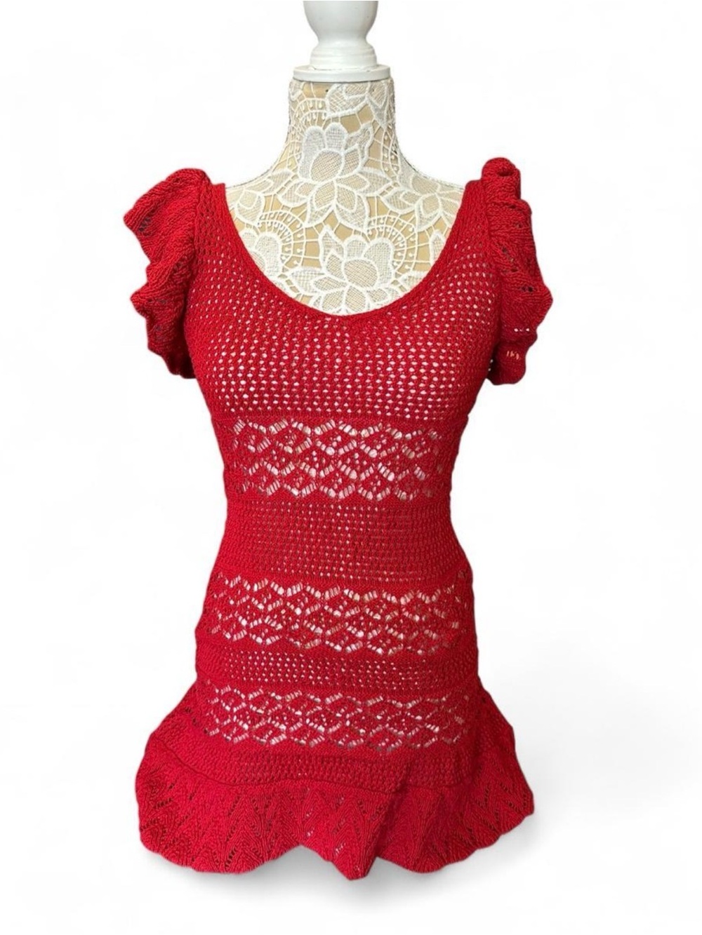 Zara Crimson Crochet Mini Dress with Ruffled Sleeves